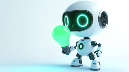 3D funny little robot cartoon illustration with a bulb. Ecology conceptの素材