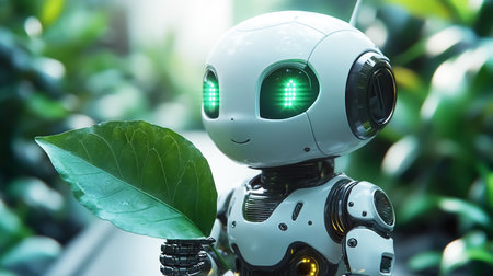 Funny little robot with a leaf in his hand as a sign of ecology, environment, climate change, economy and resourcesの素材