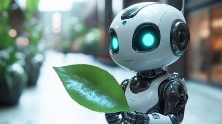 Funny little robot with a leaf in his hand as a sign of ecology, environment, climate change, economy and resourcesの素材