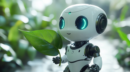 Funny little robot with a leaf in his hand as a sign of ecology, environment, climate change, economy and resourcesの素材