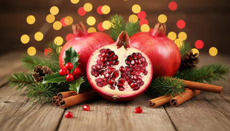 Still life with pomegranates and cinnamon sticks in rustic woodの素材