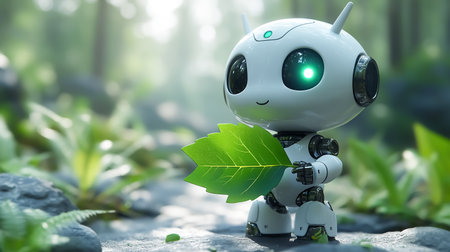 Funny little robot with a leaf in his hand as a sign of ecology, environment, climate change, economy and resourcesの素材