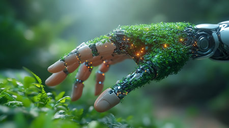 Robotic hand with vegetation. Futuristic concept of communion between technology and natureの素材