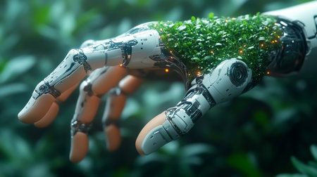 Robotic hand with vegetation. Futuristic concept of communion between technology and natureの素材