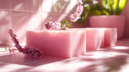 Handmade soap isolated on a soft background illuminated by natural lightの素材