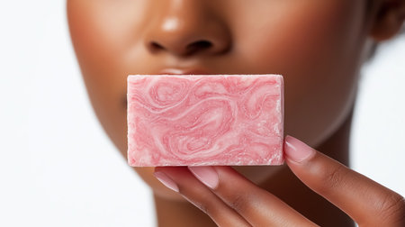 Female hand holds a piece of handmade soap next to her faceの素材