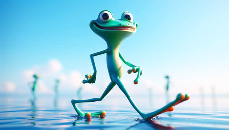 3D cartoon of a cute clumsy frog. Funny wildlife illustration for cards or children's booksの素材