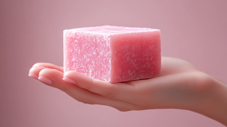 Female hand holds a piece of handmade soapの素材