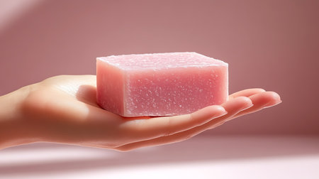 Female hand holds a piece of handmade soapの素材