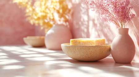 Handmade soap isolated on a soft background illuminated by natural lightの素材