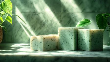 Handmade soap isolated on a soft background illuminated by natural lightの素材