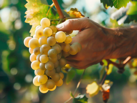 Farmer's hand holding a bunch of grapes in the vineyardの素材
