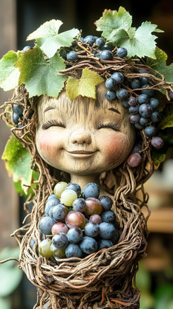 Cute surreal anthropomorphic cartoon figure formed by twigs and grapes in the forest. Fantasy conceptの素材