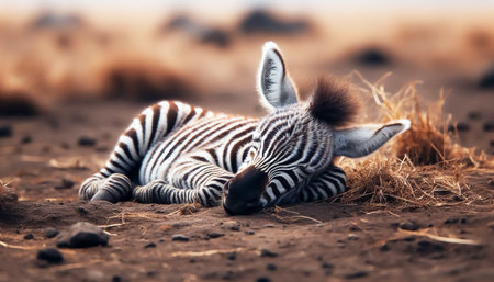 Baby zebra sleeping peacefully in the savannahの素材