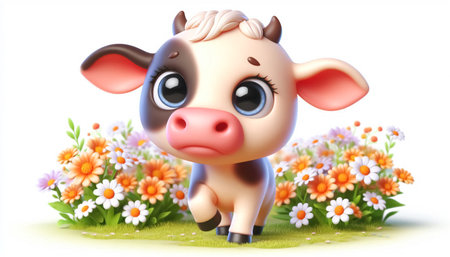Illustration of a 3D cute adorable cow cartoonの素材