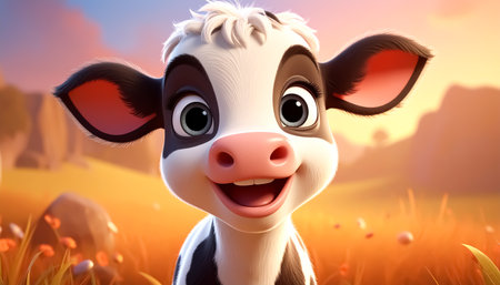Illustration of a 3D cute adorable cow cartoonの素材