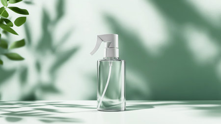 Transparent bottle isolated on fresh background illuminated by natural lightの素材