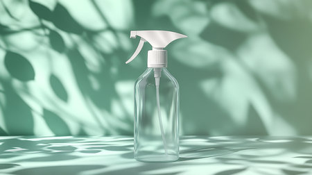 Transparent bottle isolated on fresh background illuminated by natural lightの素材