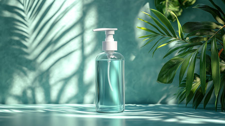 Transparent bottle isolated on fresh background illuminated by natural lightの素材