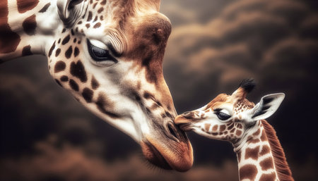 A giraffe petting its calfの素材