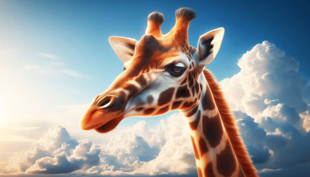 Giraffe head close up in blue skyの素材