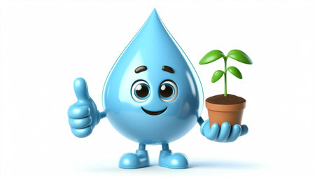 Cartoon character of water drop with plant in pot showing thumbs up gestureの素材