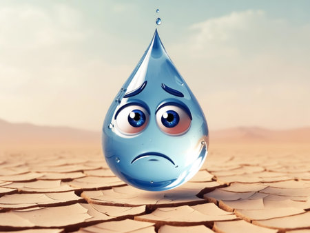Sad drop of water cartoon on dry and cracked soil due to climate change on earthの素材