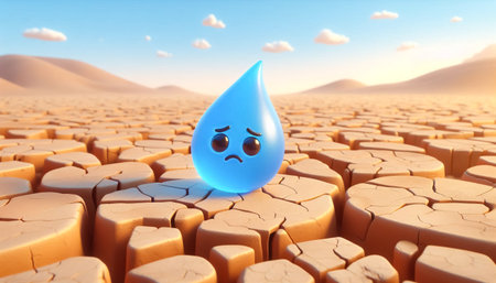 Sad drop of water cartoon on dry and cracked soil due to climate change on earthの素材