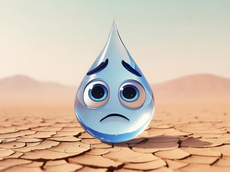 Sad drop of water cartoon on dry and cracked soil due to climate change on earthの素材