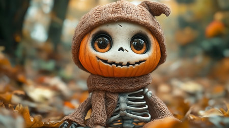 Funny halloween pumpkin doll in autumn forest. Halloween concept.の素材