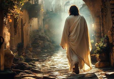 Jesus Christ walking into the light in a white robe and sandalsの素材
