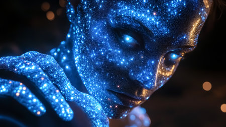 3d rendering of a female robot with blue neon lights on her faceの素材