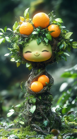 Cute surreal anthropomorphic cartoon figure formed by twigs and orange in the forest. fantasy conceptの素材