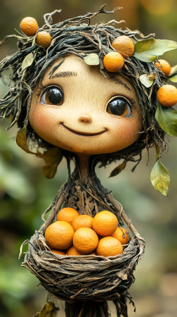 Cute surreal anthropomorphic cartoon figure formed by twigs and orange in the forest. fantasy conceptの素材