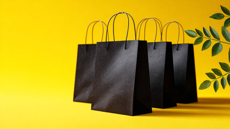 Black shopping bag on vibrant yellow backgroundの素材