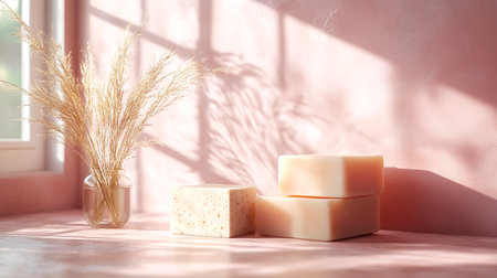 Handmade soap isolated on a soft background illuminated by natural lightの素材