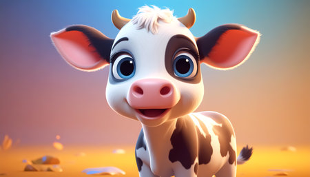 3D funny baby cow cartoon in the fieldの素材