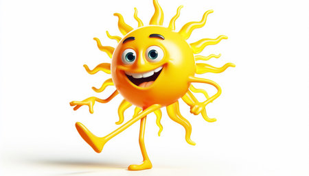 Cartoon character of sun with happy expression on white background, 3d illustrationの素材