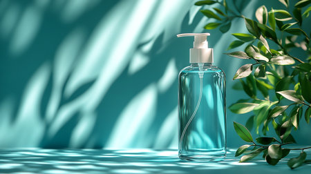 Transparent bottle isolated on fresh background illuminated by natural lightの素材