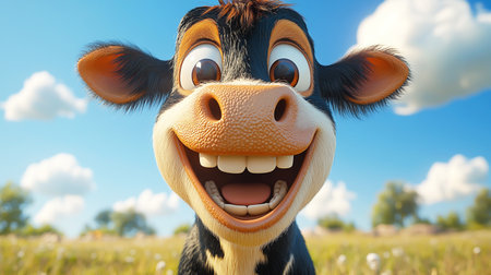 3D funny baby cow cartoon in the fieldの素材