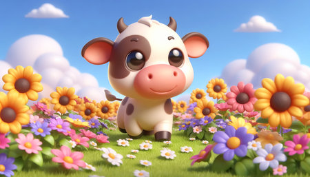 3D funny baby cow cartoon in the fieldの素材