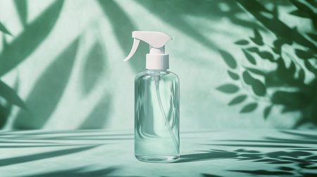 Transparent bottle isolated on fresh background illuminated by natural lightの素材