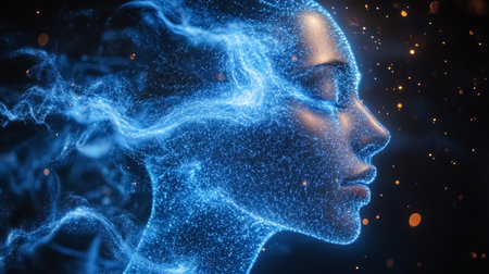 3D rendering of a female head made of glowing particles and lightsの素材
