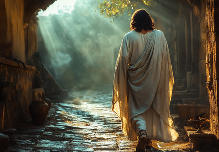 Jesus Christ walking into the light in a white robe and sandalsの素材