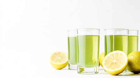 Green tea in glass with fresh leaves and water drops on black backgroundの素材