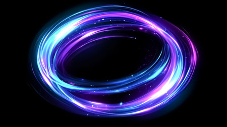 Glowing blue laser light trails on a black background. 3D renderingの素材