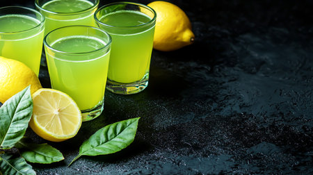 Green tea in glass with fresh leaves and water drops on black backgroundの素材