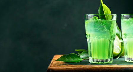 Green tea in glass with fresh leaves and water drops on black backgroundの素材