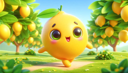 Cartoon lemon character running in the green trees. 3d illustrationの素材