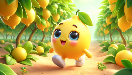 Cartoon lemon character running in the green trees. 3d illustrationの素材